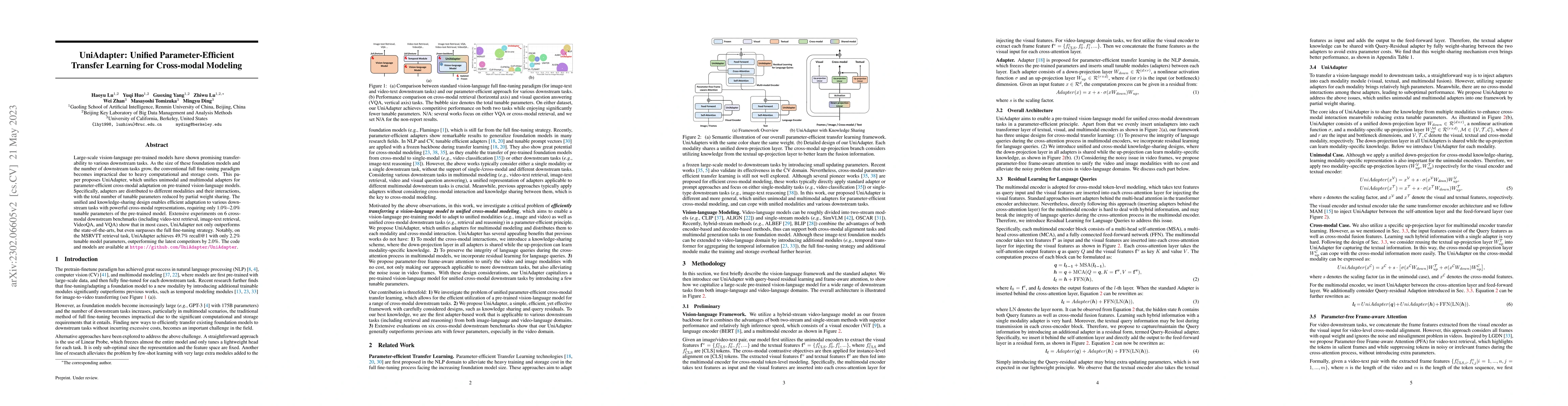 Thumbnail for UniAdapter: Unified Parameter-Efficient Transfer Learning for
  Cross-modal Modeling