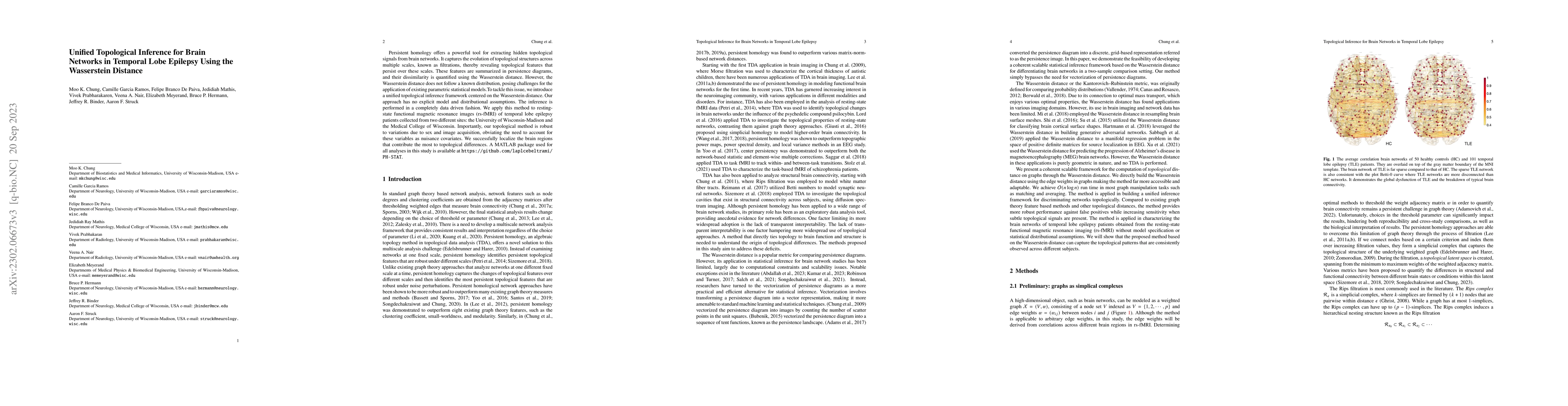 Thumbnail for Unified Topological Inference for Brain Networks in Temporal Lobe
  Epilepsy Using the Wasserstein Distance