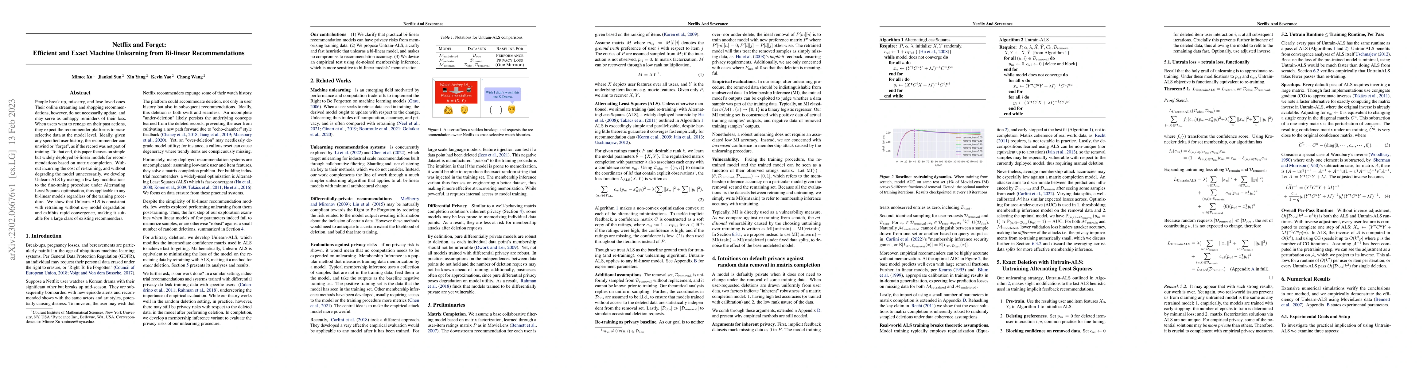 Thumbnail for Netflix and Forget: Efficient and Exact Machine Unlearning from
  Bi-linear Recommendations