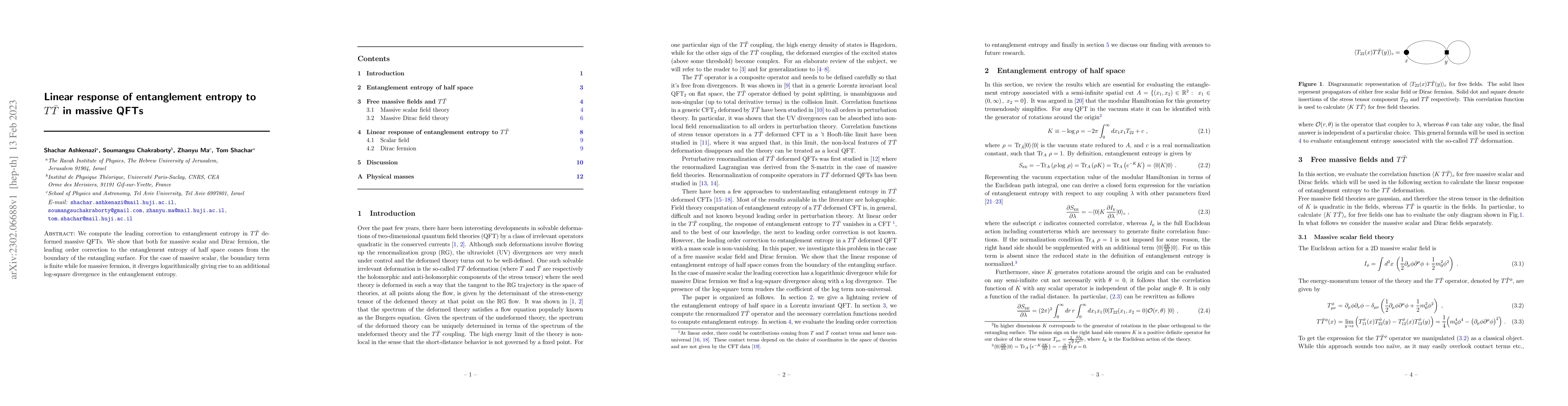 Thumbnail for Linear response of entanglement entropy to $T\bar{T}$ in massive QFTs