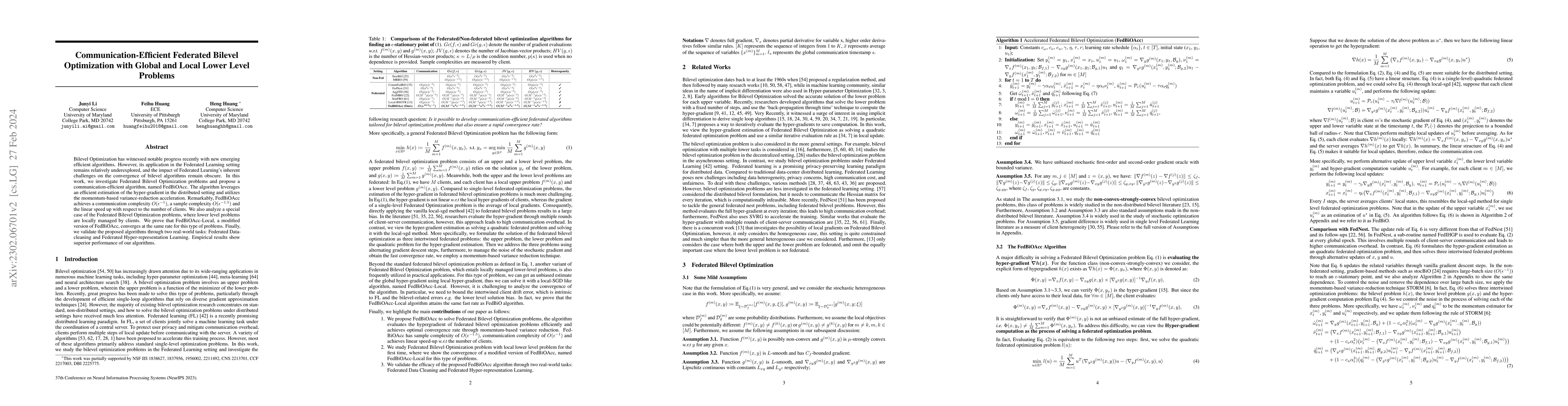 Thumbnail for Communication-Efficient Federated Bilevel Optimization with Local and
  Global Lower Level Problems
