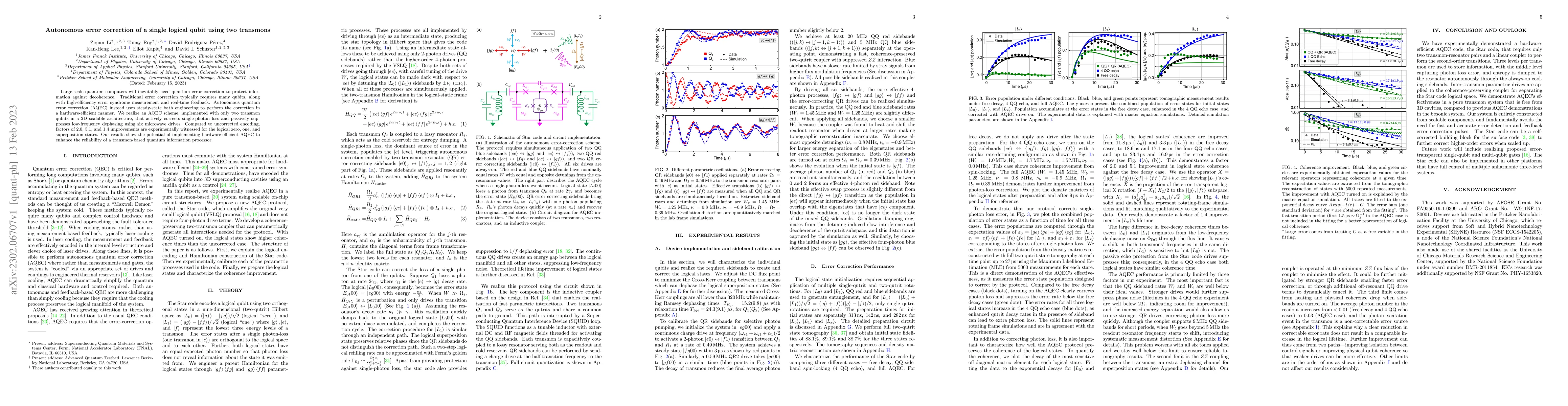Thumbnail for Autonomous error correction of a single logical qubit using two
  transmons