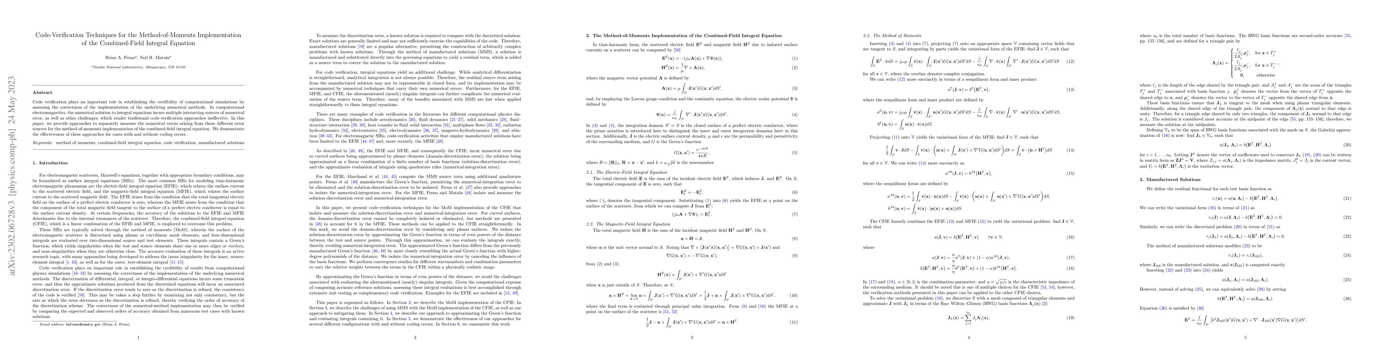 Thumbnail for Code-Verification Techniques for the Method-of-Moments Implementation of
  the Combined-Field Integral Equation