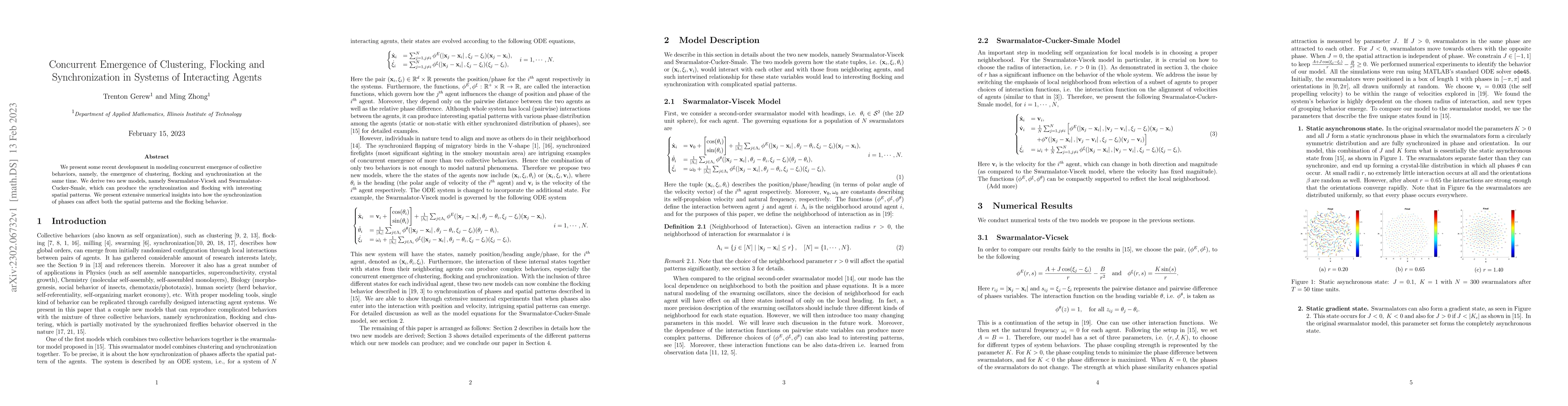 Thumbnail for Concurrent Emergence of Clustering, Flocking and Synchronization in
  Systems of Interacting Agents