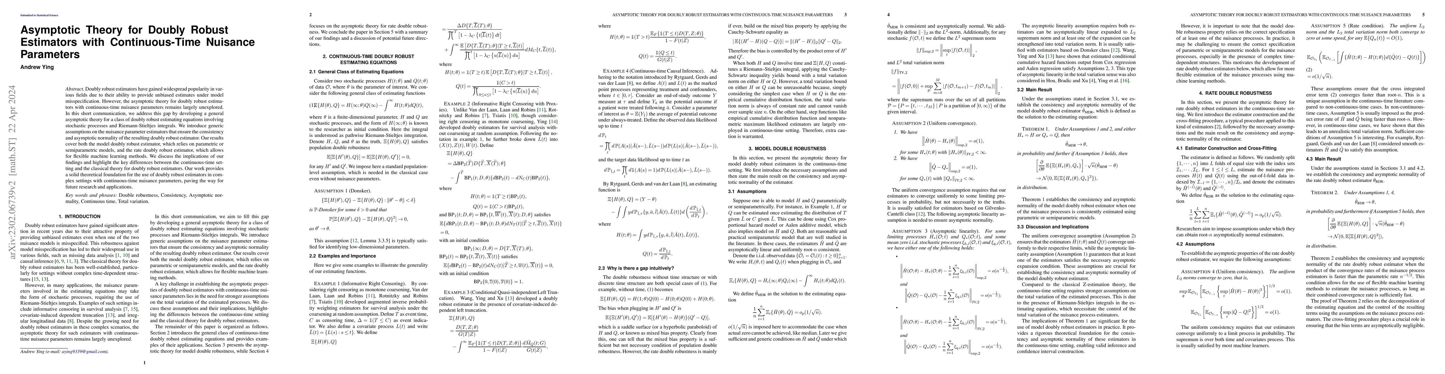 Thumbnail for Asymptotic Theory for Doubly Robust Estimators with Continuous-Time
  Nuisance Parameters