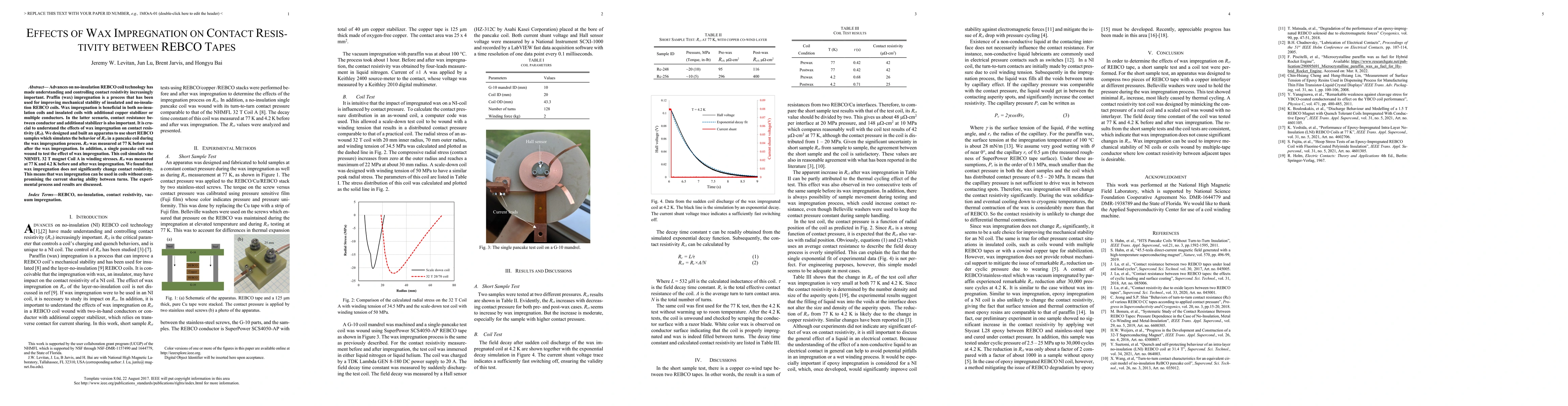Thumbnail for Effects of Wax Impregnation on Contact Resistivity Between REBCO Tapes