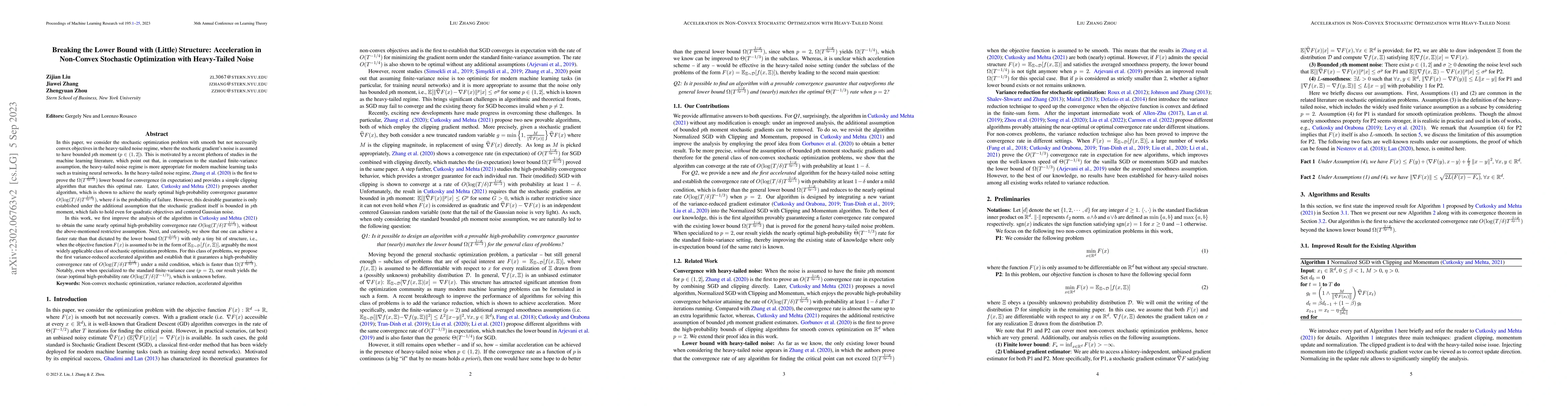 Thumbnail for Breaking the Lower Bound with (Little) Structure: Acceleration in
  Non-Convex Stochastic Optimization with Heavy-Tailed Noise
