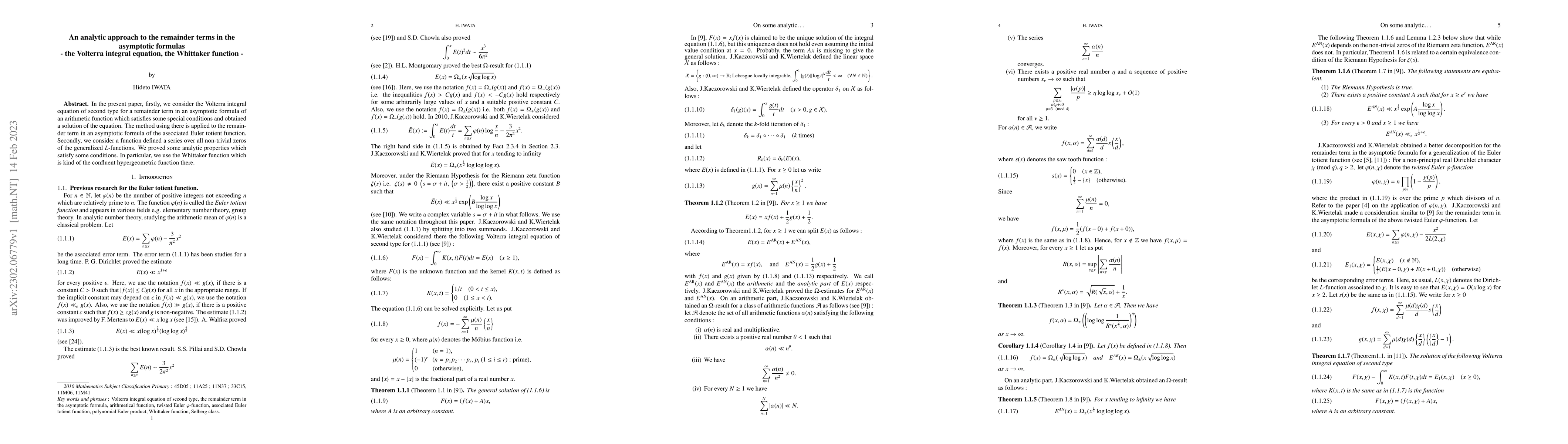 Thumbnail for An analytic approach to the remainder terms in the asymptotic formulas
  -- the Volterra integral equation, the Whittaker function