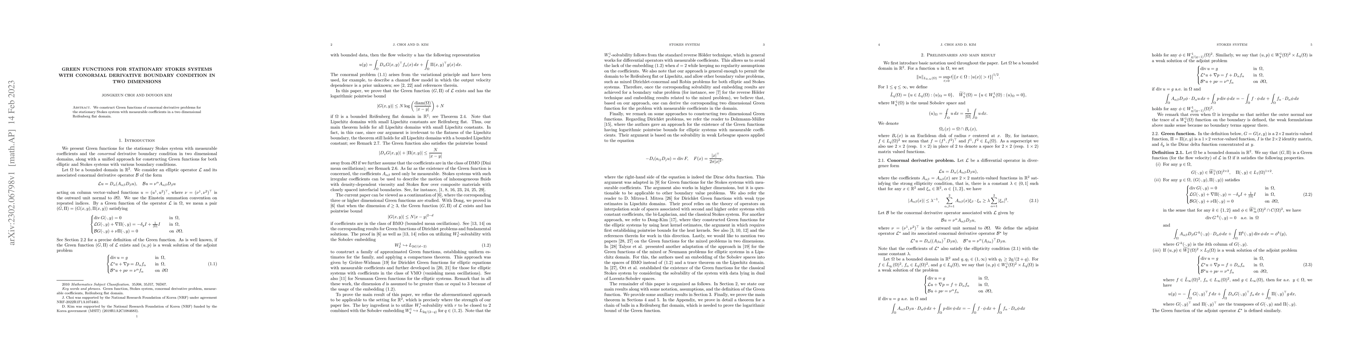 Thumbnail for Green functions for stationary Stokes systems with conormal derivative
  boundary condition in two dimensions