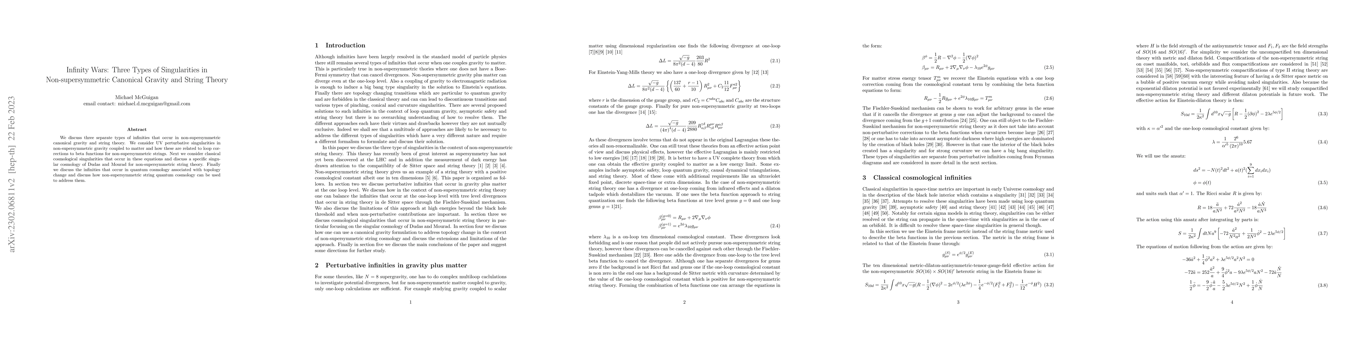Thumbnail for Infinity Wars: Three Types of Singularities in Non-supersymmetric
  Canonical Gravity and String Theory