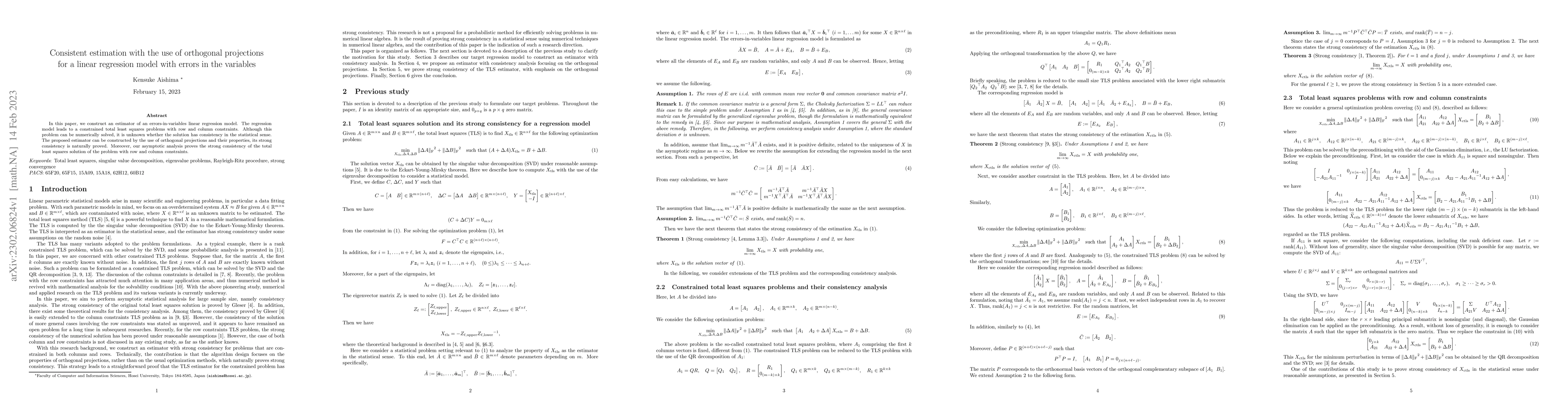 Thumbnail for Consistent estimation with the use of orthogonal projections for a
  linear regression model with errors in the variables