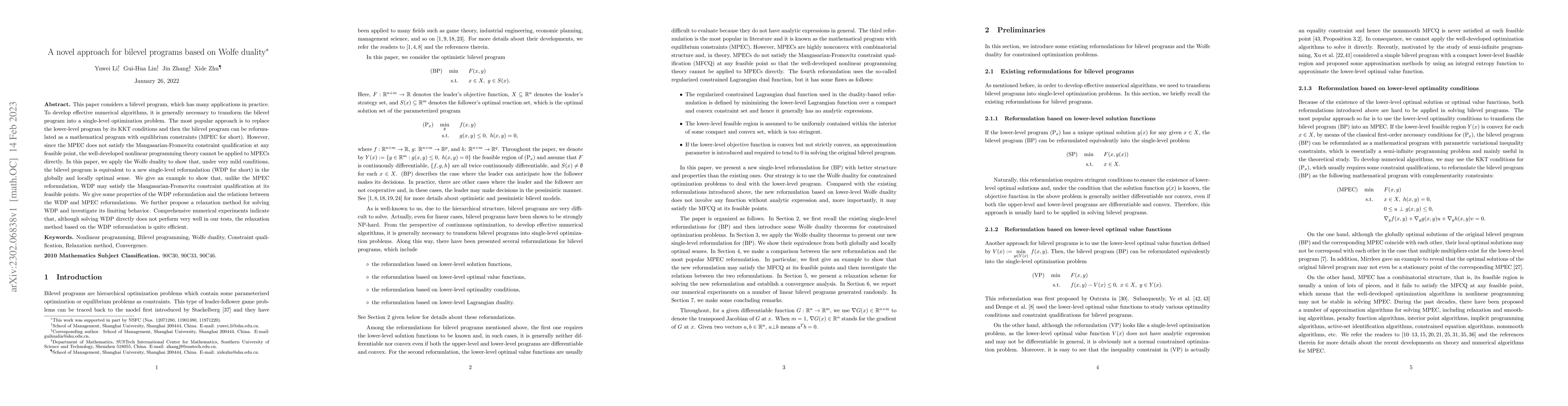 Thumbnail for A novel approach for bilevel programs based on Wolfe duality