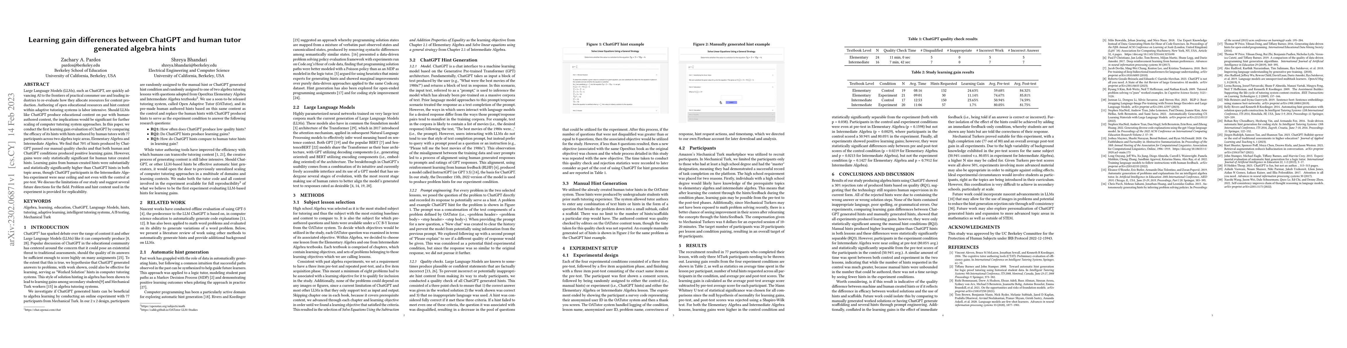 Thumbnail for Learning gain differences between ChatGPT and human tutor generated
  algebra hints
