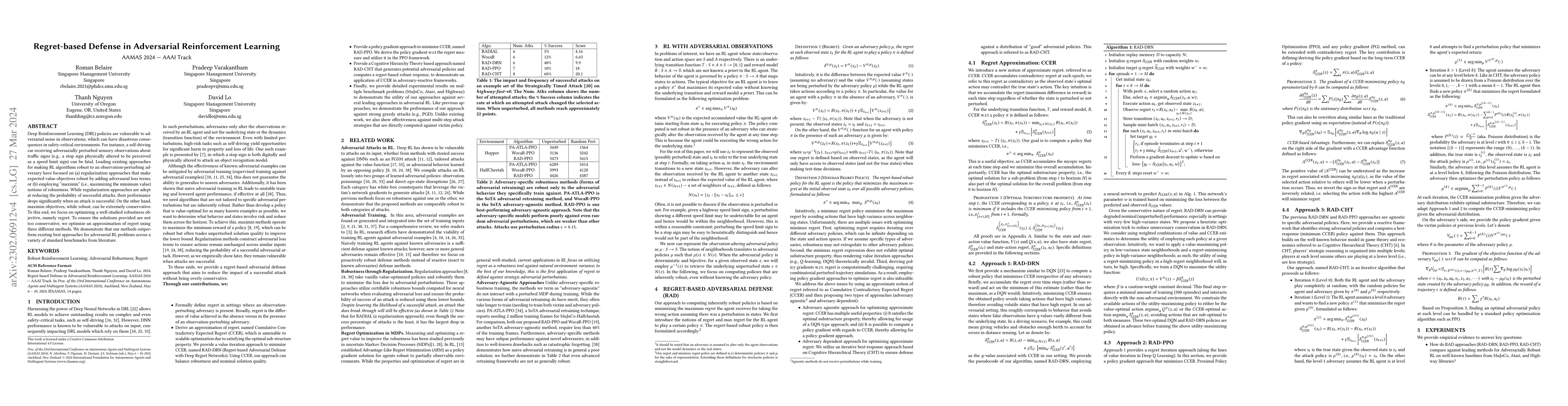 Thumbnail for Regret-Based Defense in Adversarial Reinforcement Learning