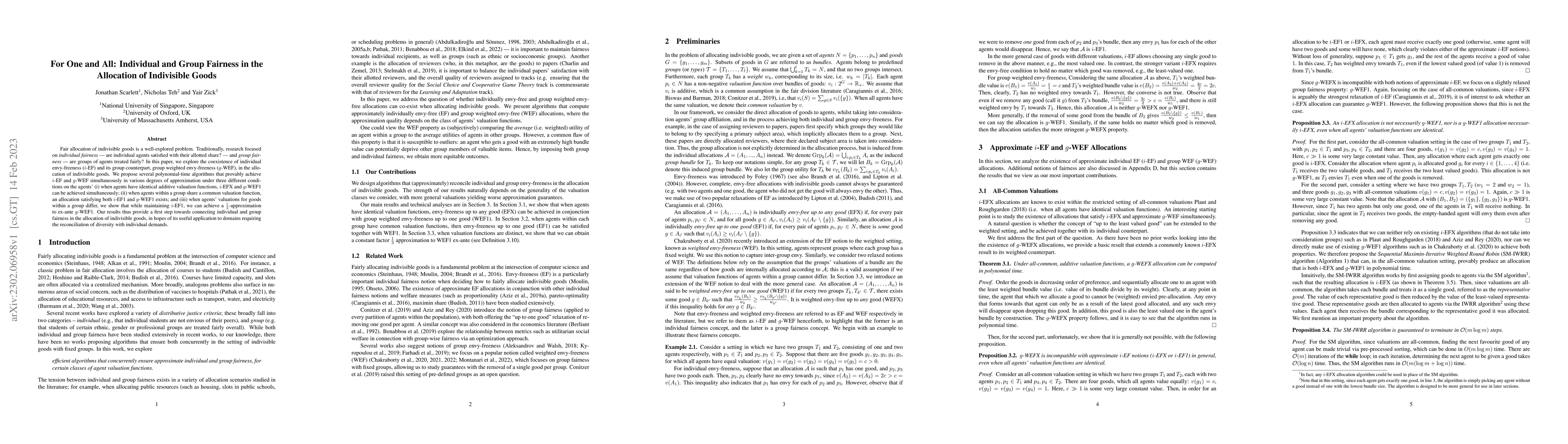 Thumbnail for For One and All: Individual and Group Fairness in the Allocation of
  Indivisible Goods