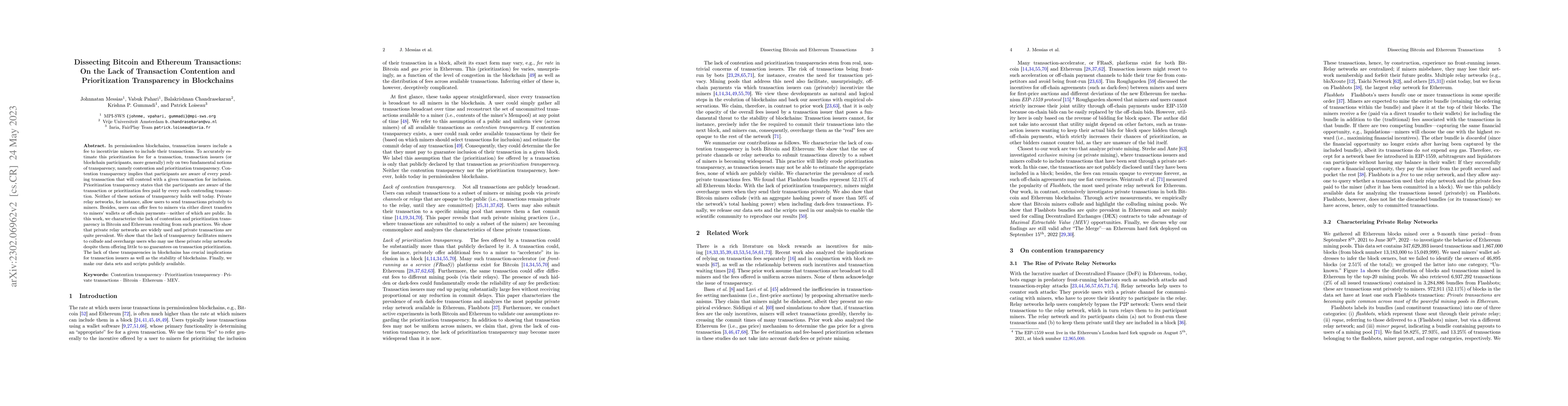 Thumbnail for Dissecting Bitcoin and Ethereum Transactions: On the Lack of Transaction
  Contention and Prioritization Transparency in Blockchains