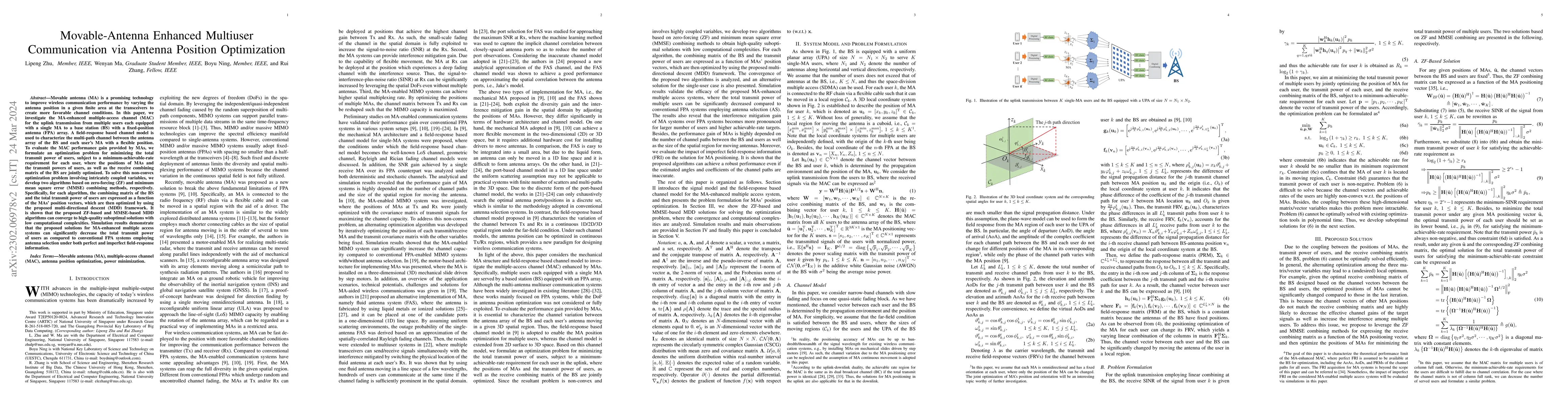 Thumbnail for Movable-Antenna Enhanced Multiuser Communication via Antenna Position
  Optimization