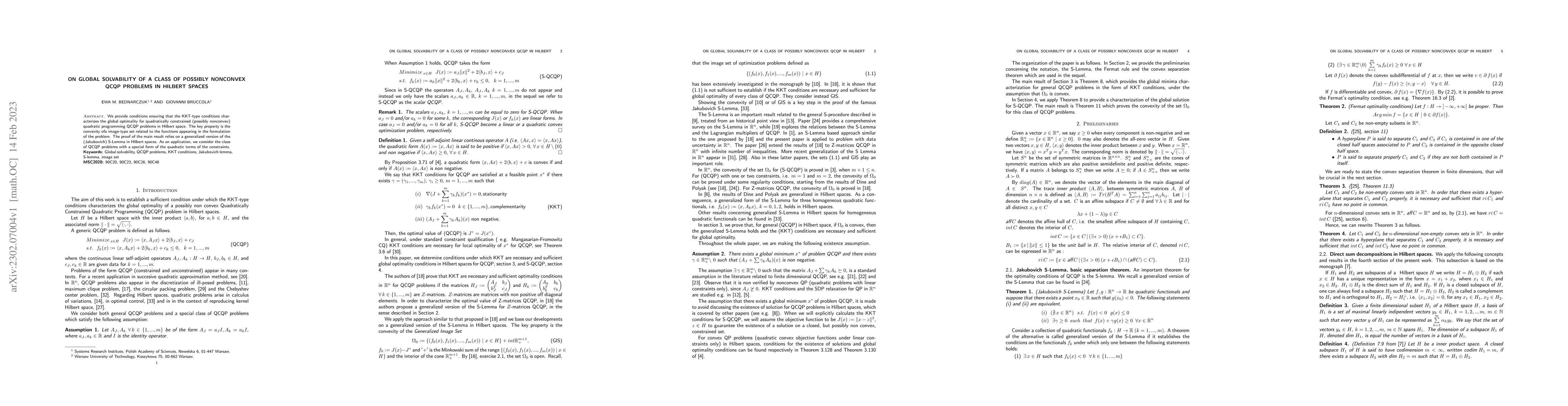 Thumbnail for On global solvability of a class of possibly nonconvex QCQP problems in
  Hilbert spaces