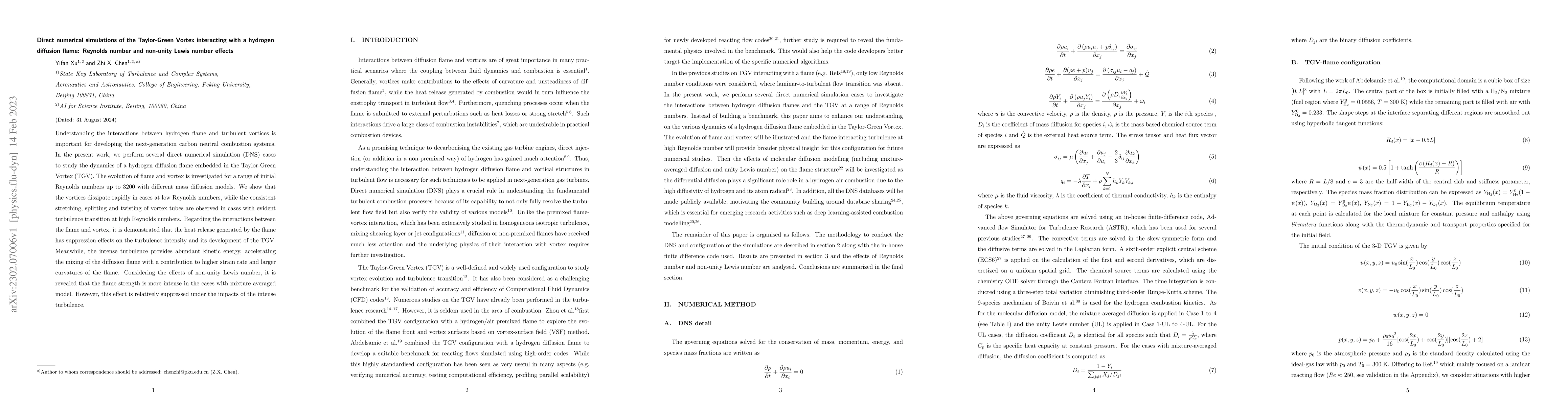 Thumbnail for Direct numerical simulations of the Taylor-Green Vortex interacting with
  a hydrogen diffusion flame: Reynolds number and non-unity Lewis number
  effects