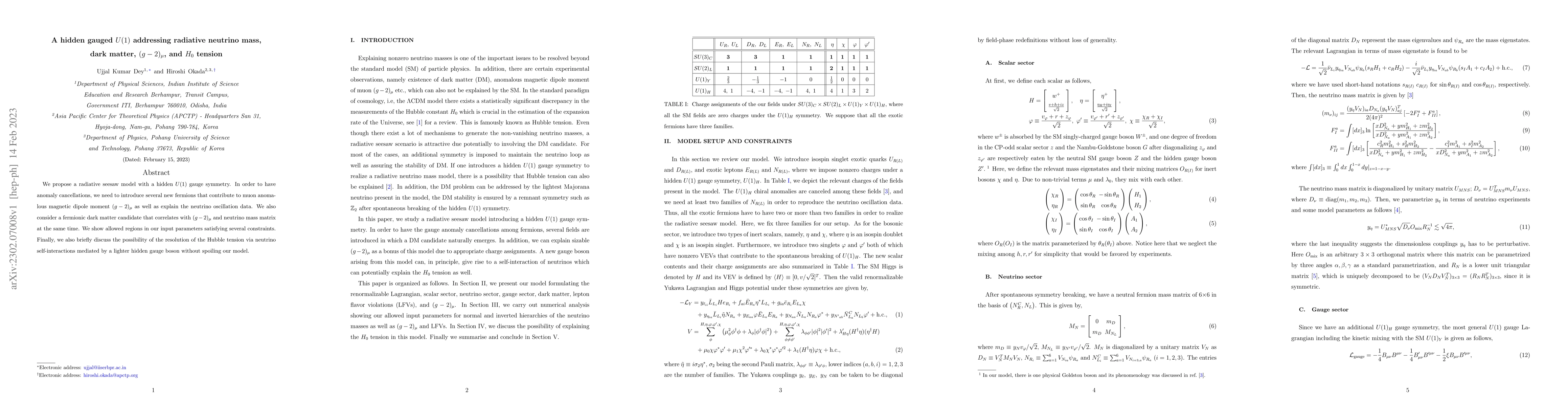 Thumbnail for A hidden gauged $U(1)$ addressing radiative neutrino mass, dark matter,
  $(g-2)_{\mu}$, and $H_0$ tension
