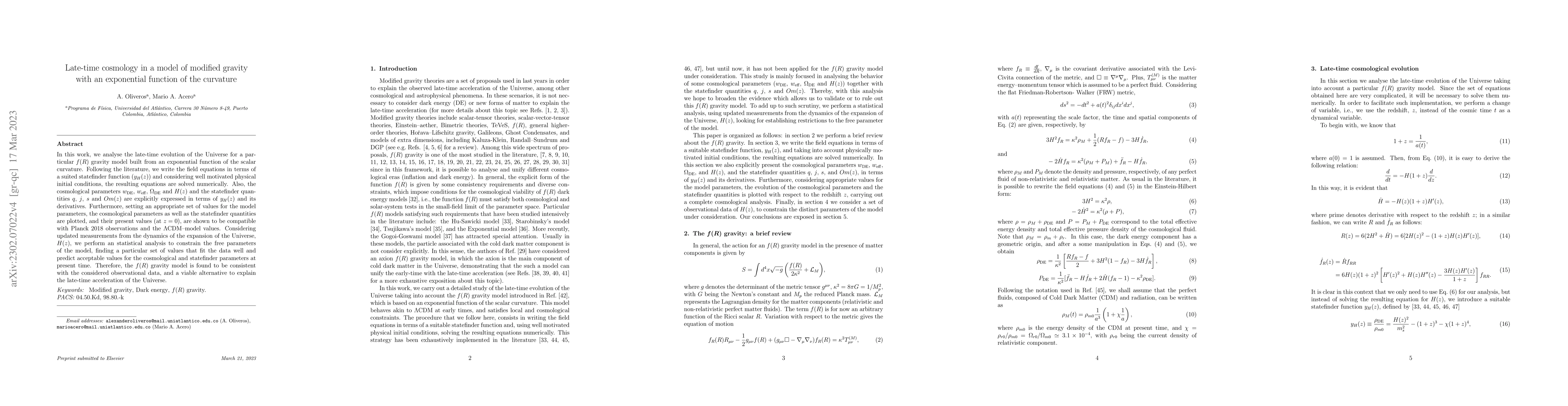 Thumbnail for Late-time cosmology in a model of modified gravity with an exponential
  function of the curvature