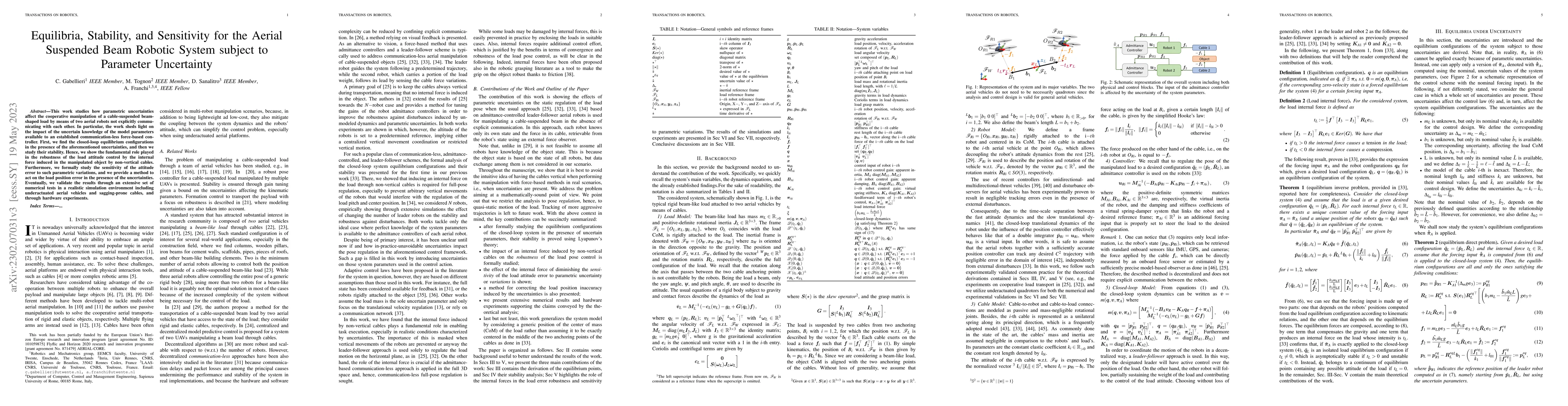 Thumbnail for Equilibria, Stability, and Sensitivity for the Aerial Suspended Beam
  Robotic System subject to Parameter Uncertainty