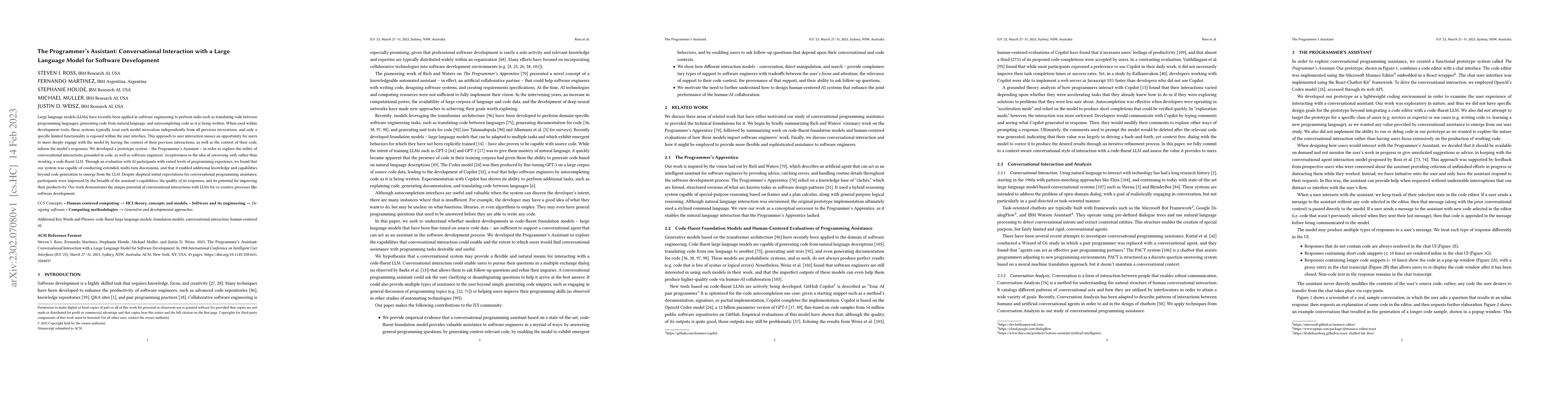 Thumbnail for The Programmer's Assistant: Conversational Interaction with a Large
  Language Model for Software Development