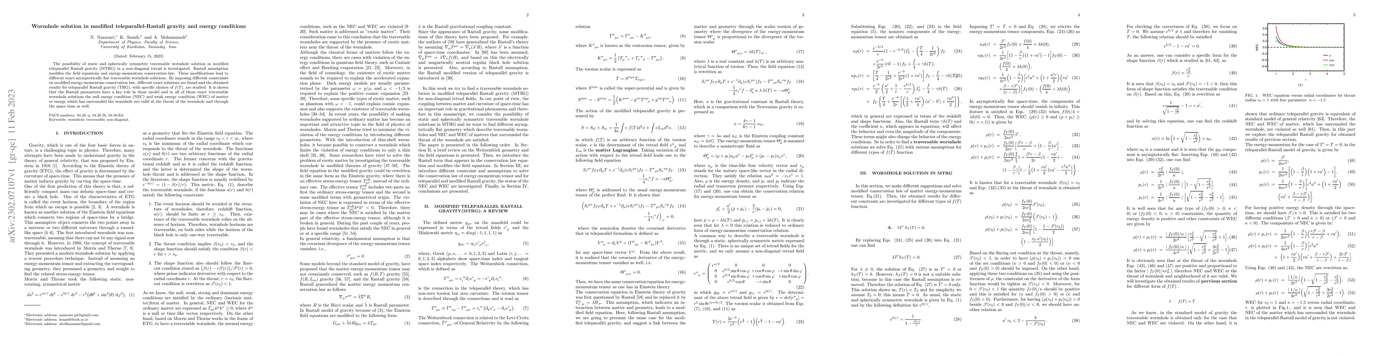 Thumbnail for Wormhole solution in modified teleparallel-Rastall gravity and energy
  conditions