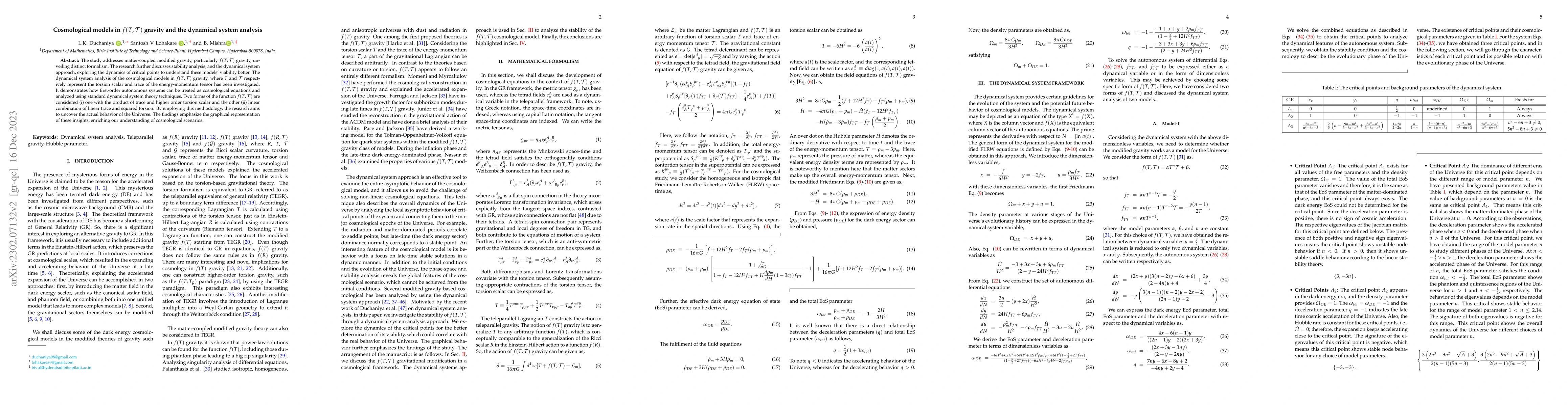 Thumbnail for Cosmological models in $f (T, \mathcal{T})$ gravity and the dynamical
  system analysis