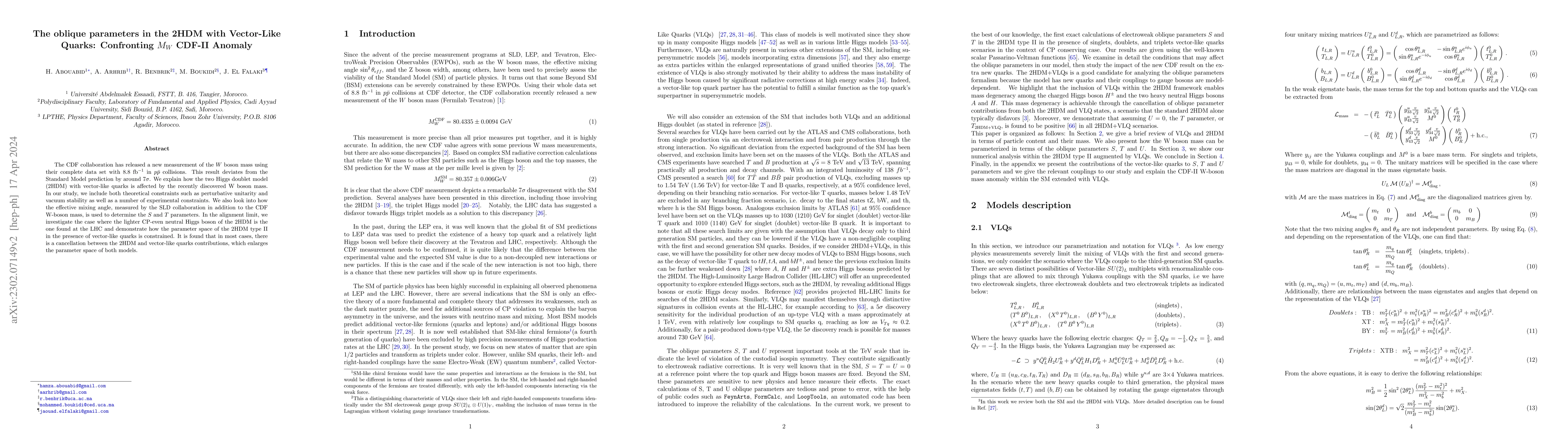 Thumbnail for The oblique parameters in the 2HDM with Vector-Like Quarks: Confronting
  $M_W$ CDF-II Anomaly