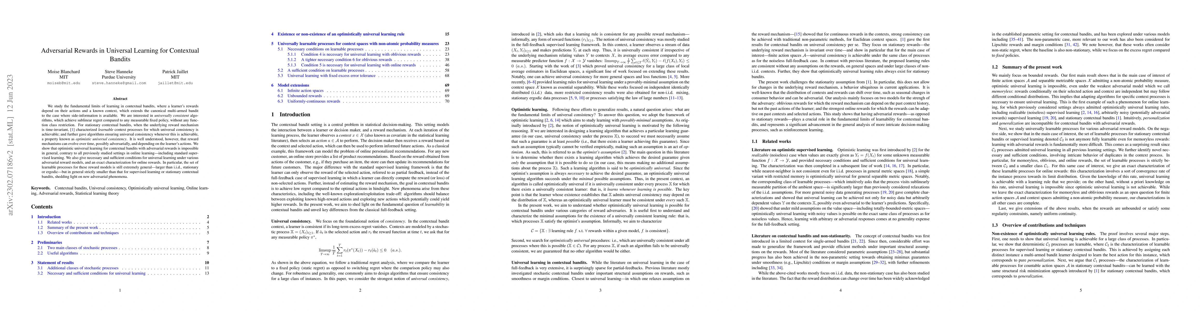 Thumbnail for Adversarial Rewards in Universal Learning for Contextual Bandits