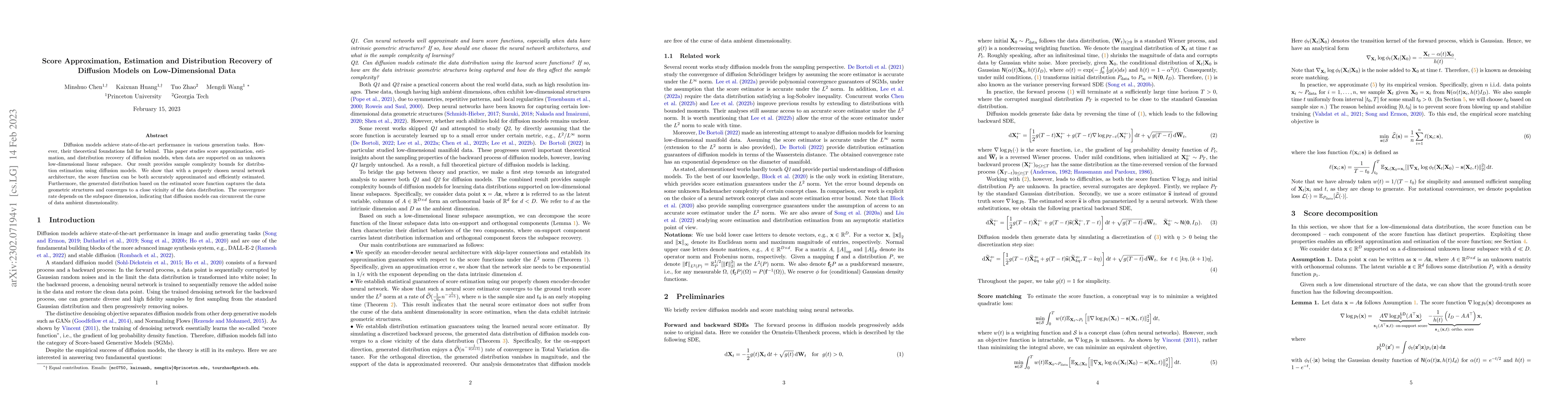 Thumbnail for Score Approximation, Estimation and Distribution Recovery of Diffusion
  Models on Low-Dimensional Data