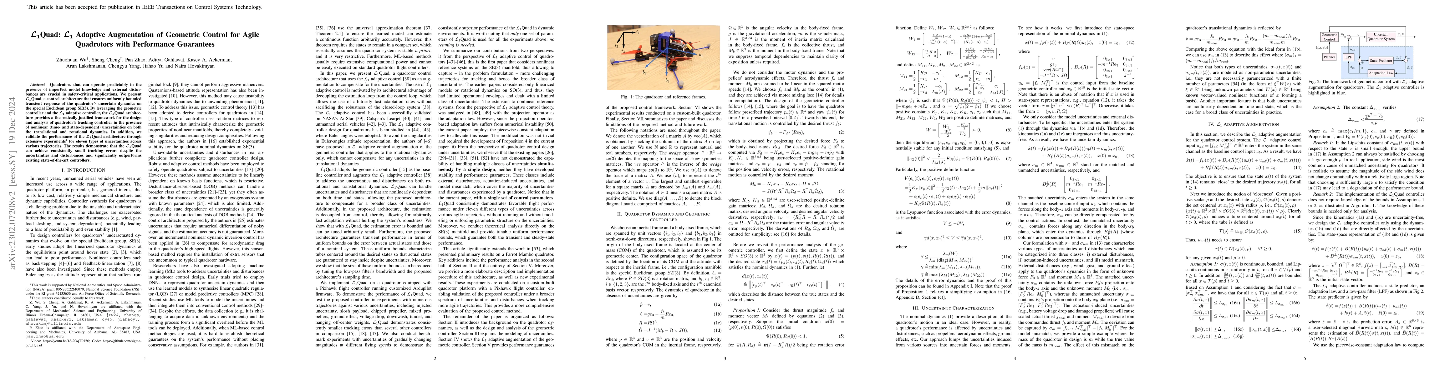 Thumbnail for $\mathcal{L}_1$Quad: $\mathcal{L}_1$ Adaptive Augmentation of Geometric
  Control for Agile Quadrotors with Performance Guarantees