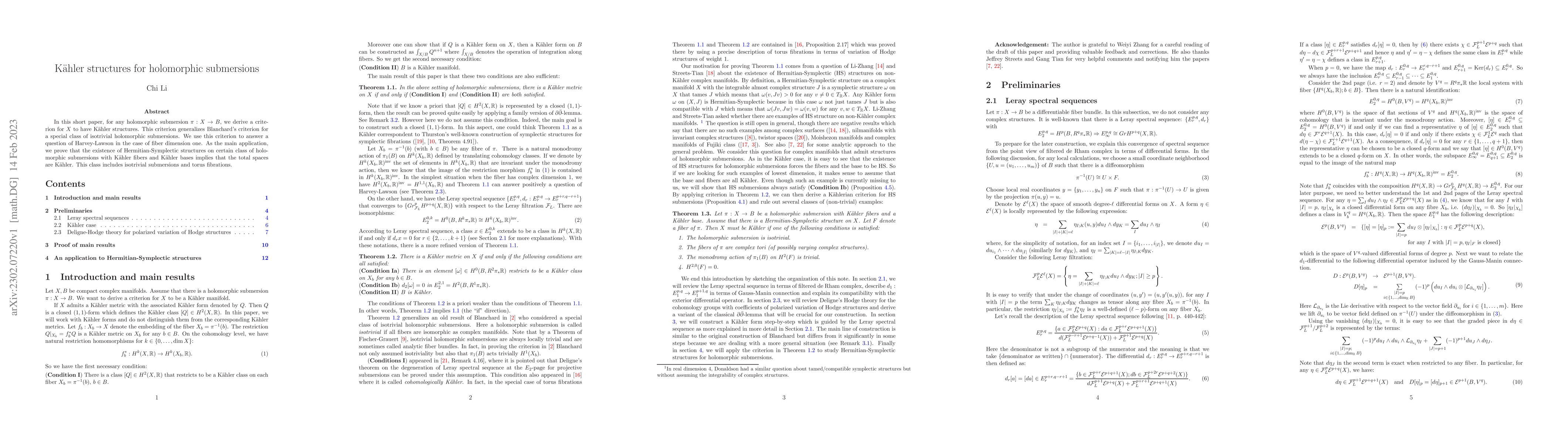 Thumbnail for K\"{a}hler structures for holomorphic submersions