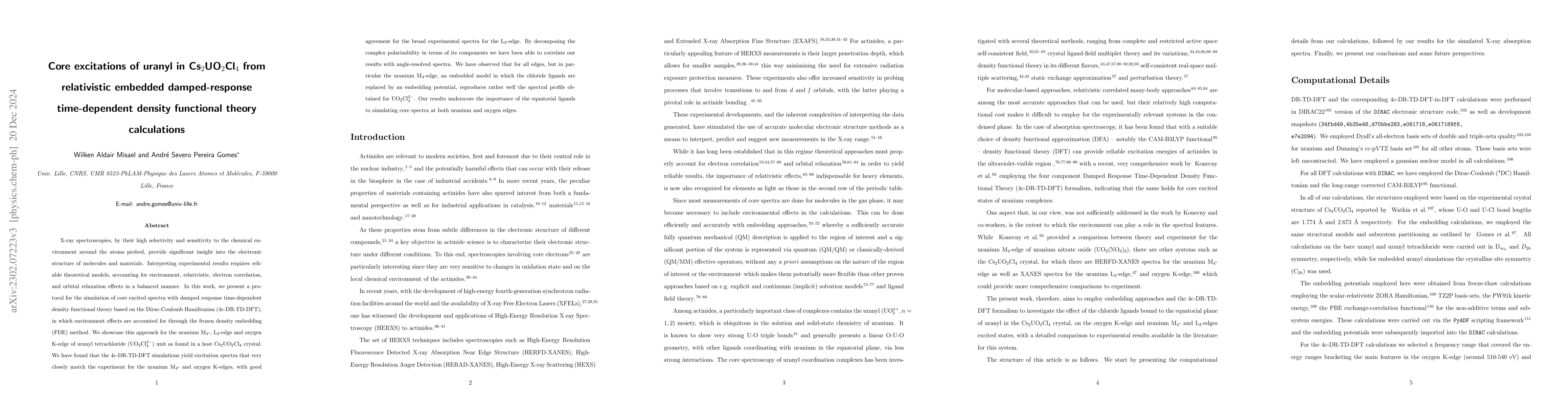 Thumbnail for Core excitations and ionizations of uranyl in Cs$_{2}$UO$_{2}$Cl$_{4}$
  from relativistic embedded damped response time-dependent density functional
  theory and equation of motion coupled cluster calculations