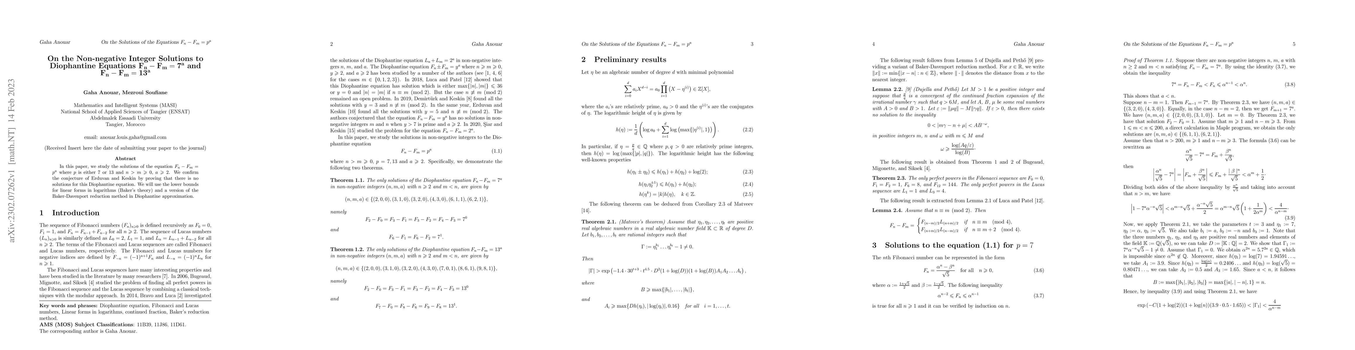 Thumbnail for On the Non-negative Integer Solutions to Diophantine Equations $F_n -
  F_m = 7^a$ and $F_n - F_m = 13^a$