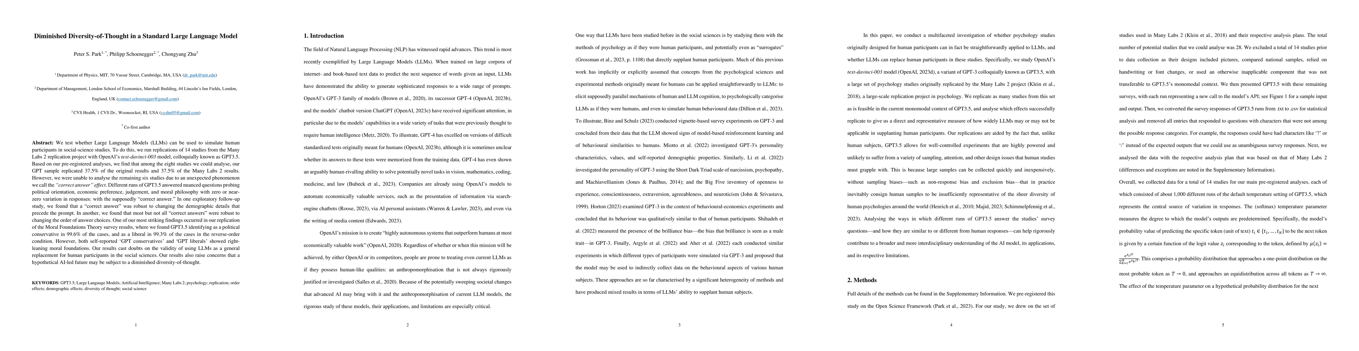 Thumbnail for Diminished Diversity-of-Thought in a Standard Large Language Model