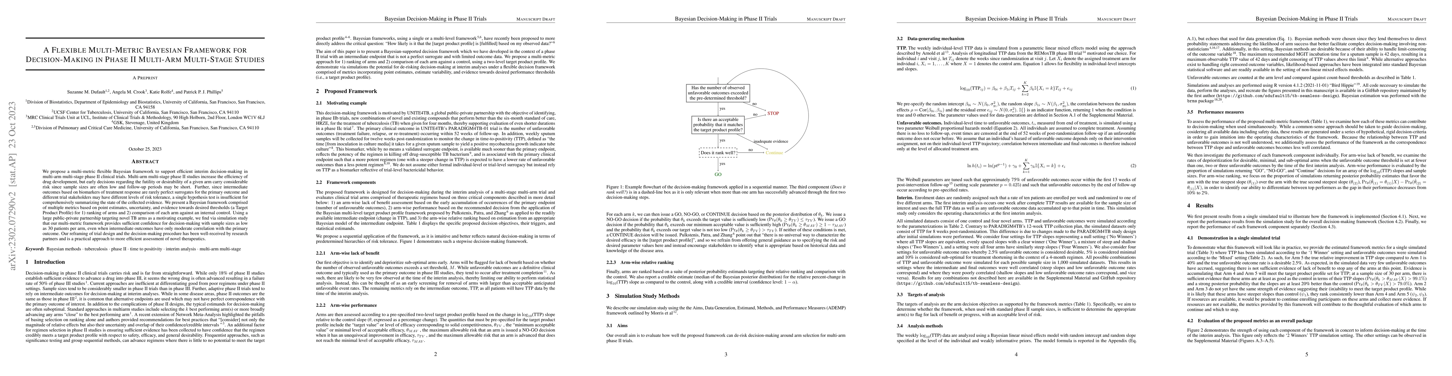 Thumbnail for A Flexible Multi-Metric Bayesian Framework for Decision-Making in Phase
  II Multi-Arm Multi-Stage Studies