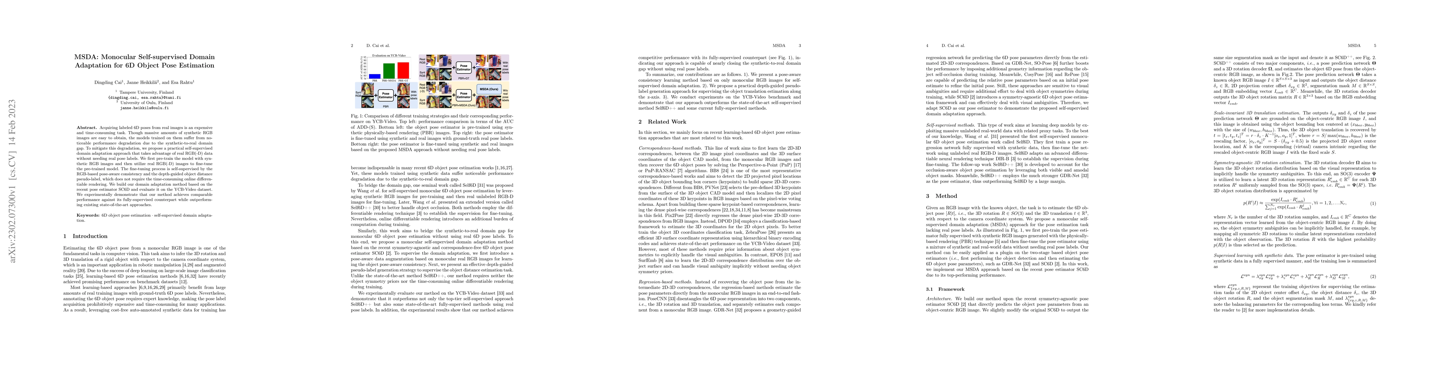 Thumbnail for MSDA: Monocular Self-supervised Domain Adaptation for 6D Object Pose
  Estimation