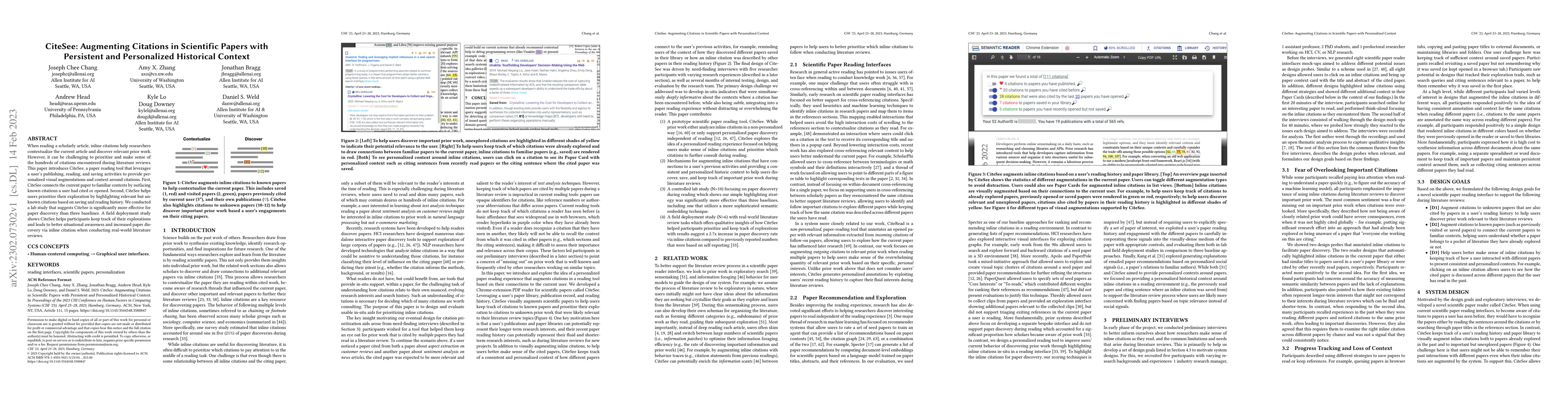 Thumbnail for CiteSee: Augmenting Citations in Scientific Papers with Persistent and
  Personalized Historical Context