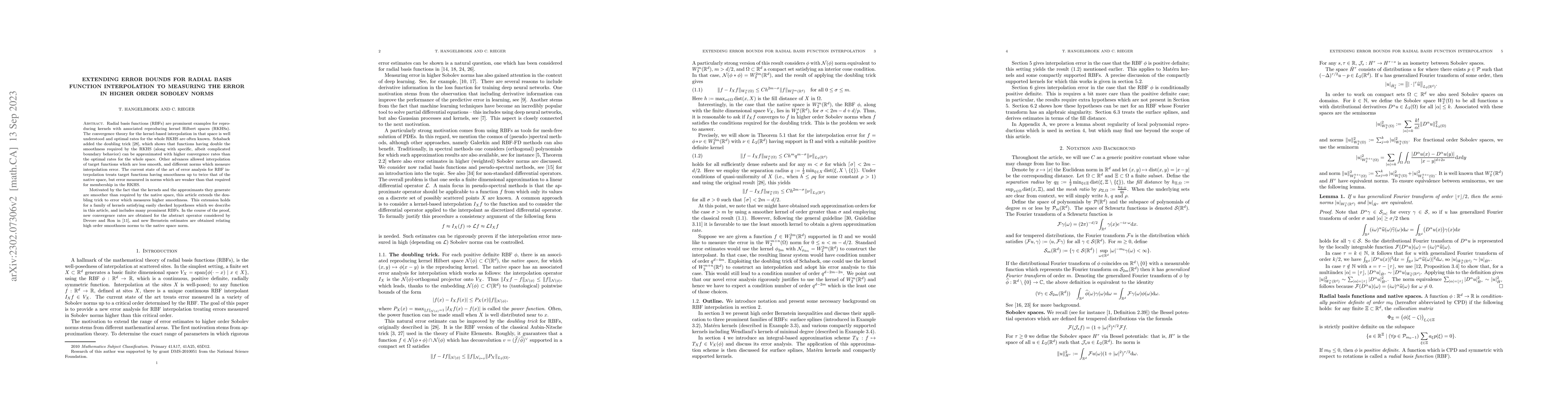 Thumbnail for Extending error bounds for radial basis function interpolation to
  measuring the error in higher order Sobolev norms