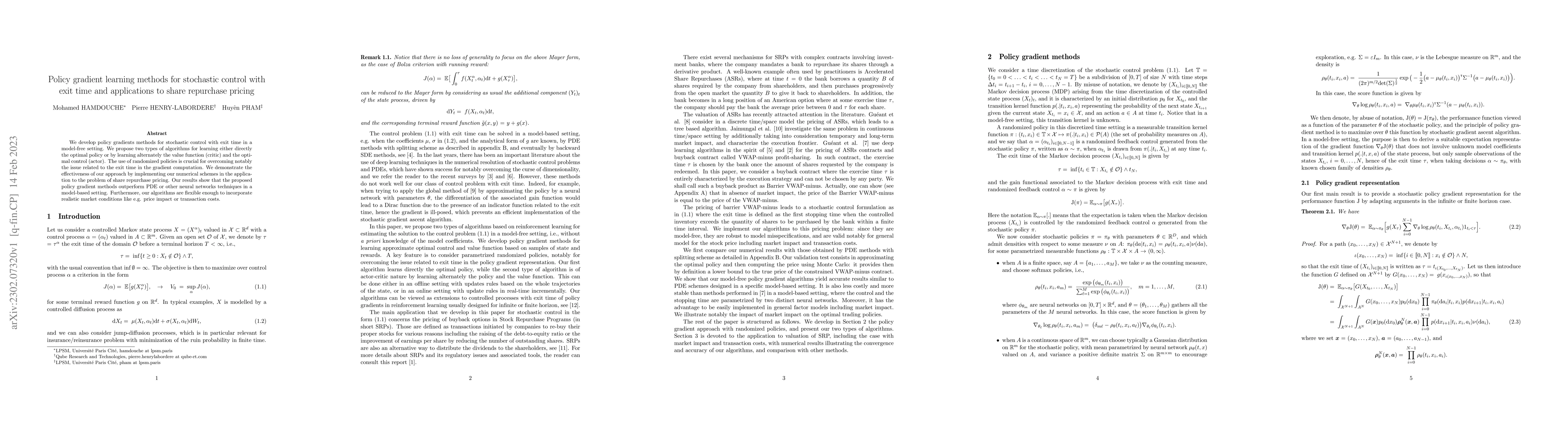Thumbnail for Policy gradient learning methods for stochastic control with exit time
  and applications to share repurchase pricing