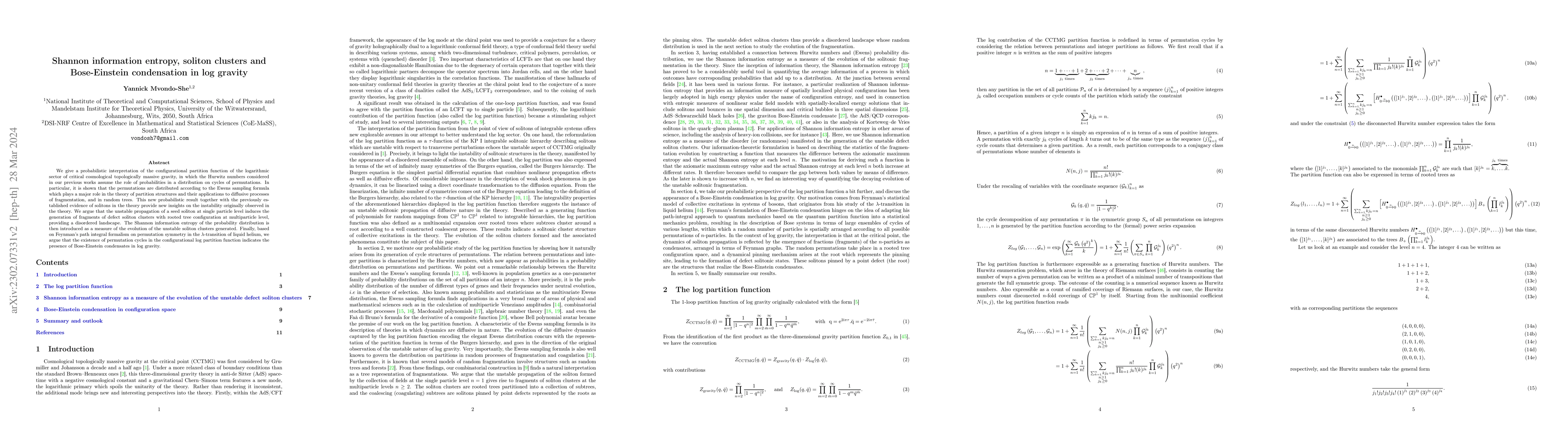 Thumbnail for Shannon information entropy, soliton clusters and Bose-Einstein
  condensation in log gravity