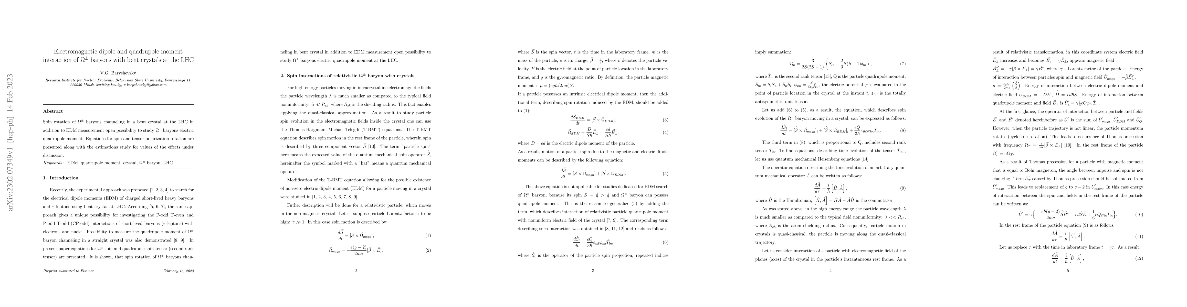 Thumbnail for Electromagnetic dipole and quadrupole moment interaction of
  $\Omega^{\pm}$ baryons with bent crystals at the LHC