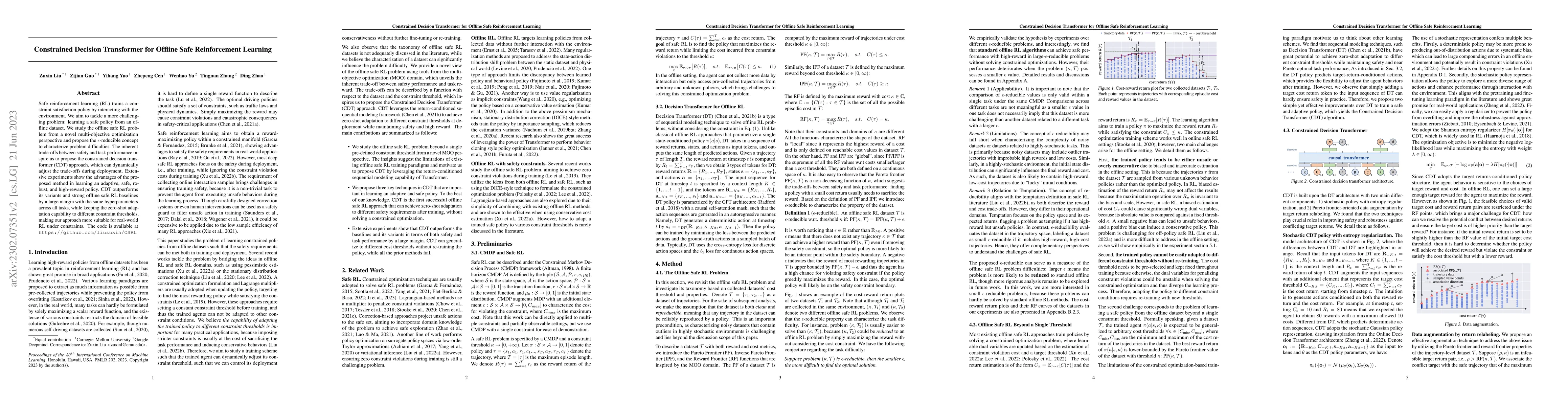 Thumbnail for Constrained Decision Transformer for Offline Safe Reinforcement Learning