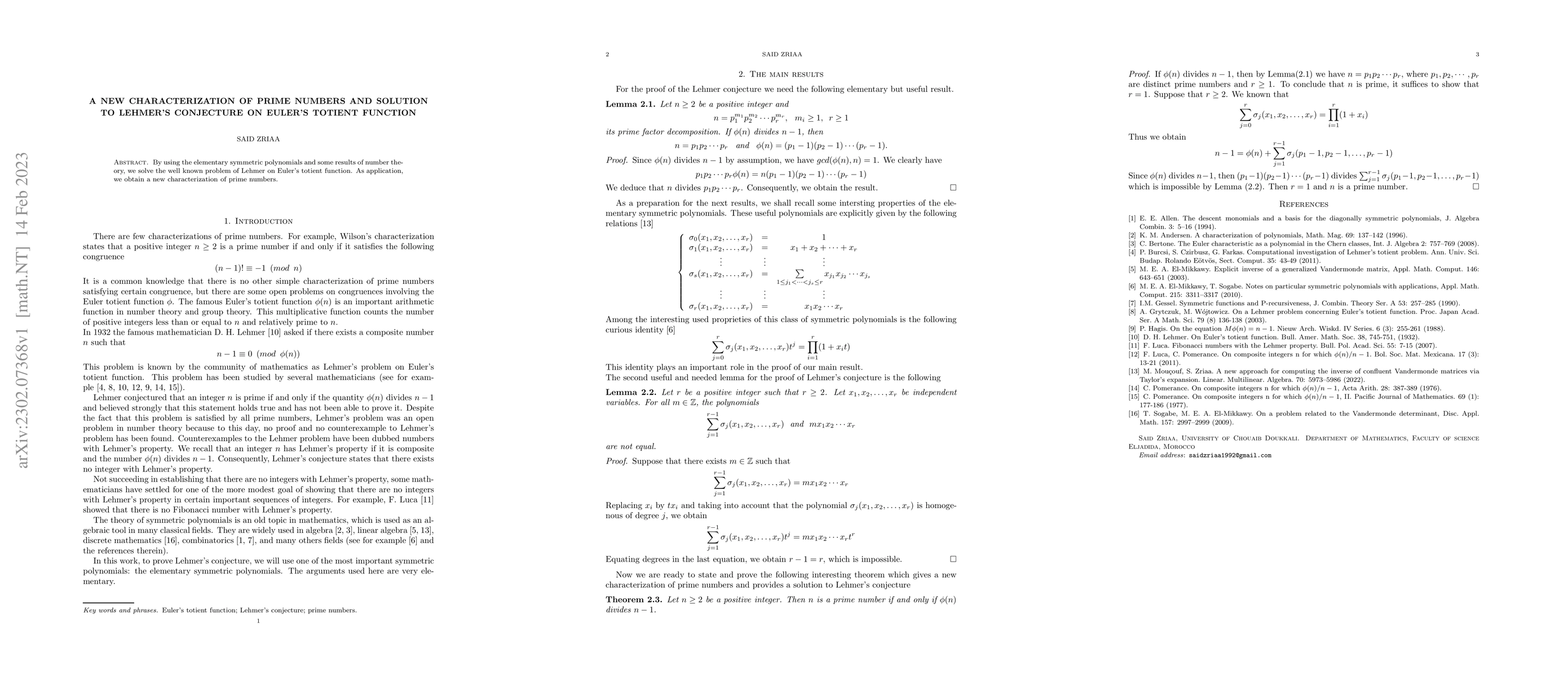 Thumbnail for A new characterization of prime numbers and solution to Lehmer's
  conjecture on Euler's totient function