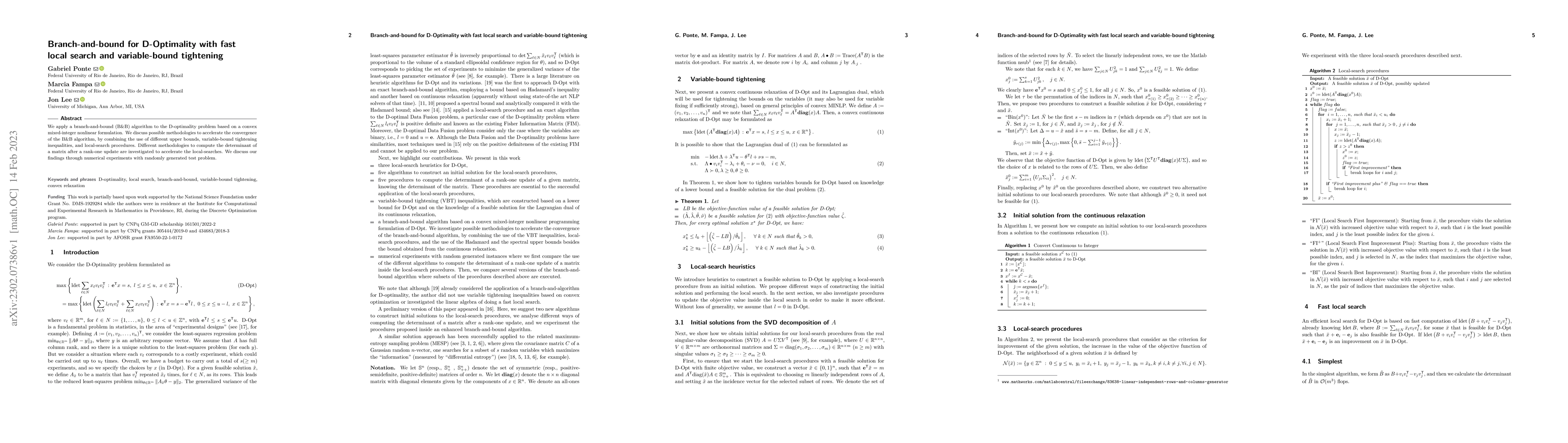 Thumbnail for Branch-and-bound for D-Optimality with fast local search and
  variable-bound tightening