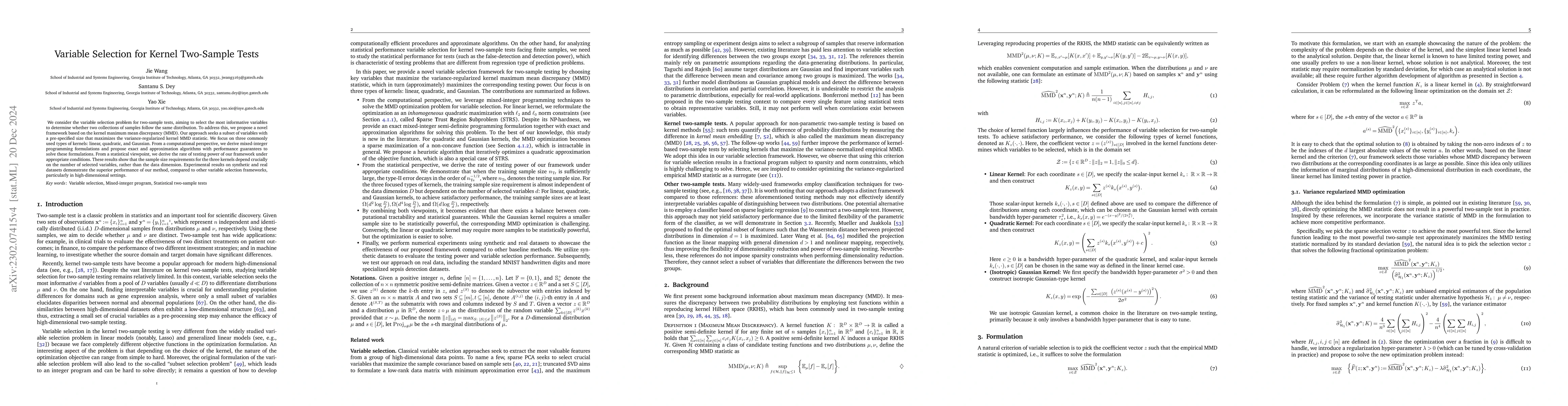 Thumbnail for Variable Selection for Kernel Two-Sample Tests