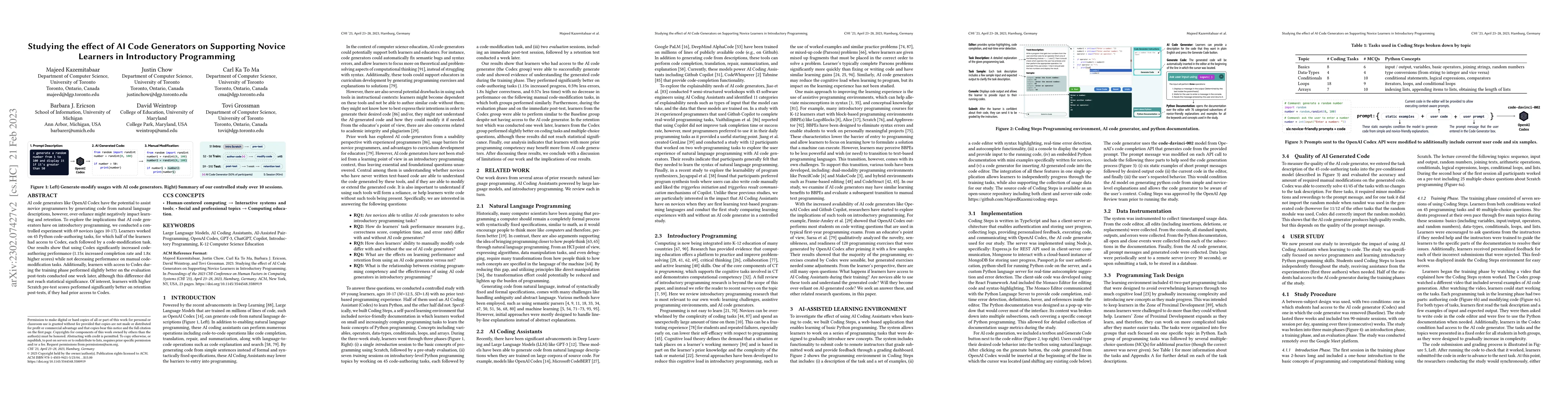 Thumbnail for Studying the effect of AI Code Generators on Supporting Novice Learners
  in Introductory Programming