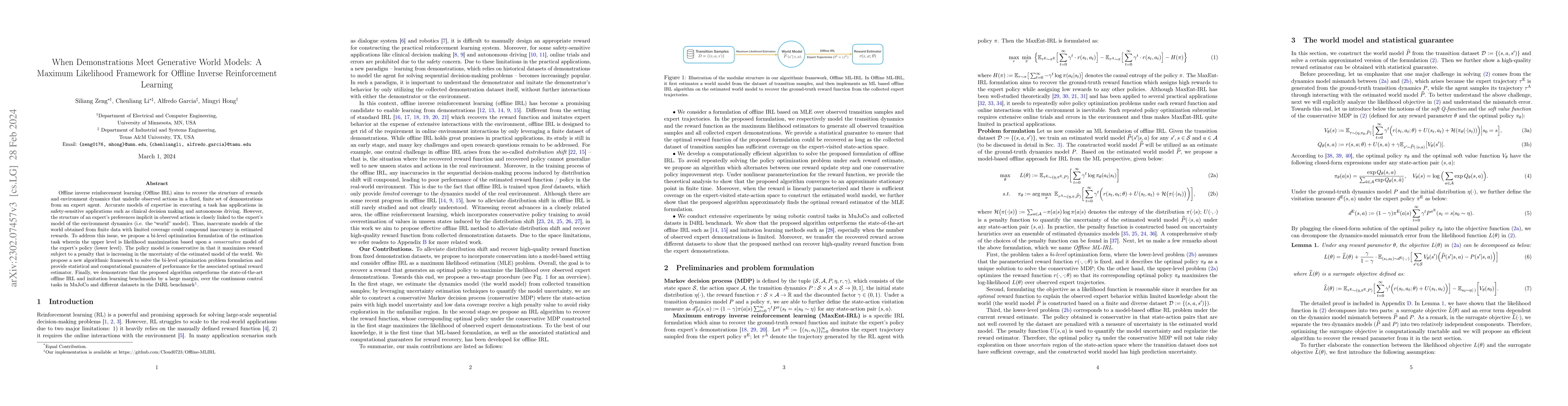 Thumbnail for When Demonstrations Meet Generative World Models: A Maximum Likelihood
  Framework for Offline Inverse Reinforcement Learning